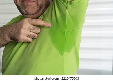 Wet Armpit Closeup. Sweaty Arm Pit, Armpits Problem, Wet Underarm, Sweat Stains On Clothes, Perspiration, Hyperhidrosis Concept