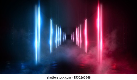 Wet Asphalt, Concrete, Road. Night View Of A Dark Neon Scene. Neon Lights, Lines, Rays Of Blue Red Neon. Abstract Light, Virtual Scene.