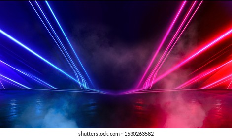 Wet asphalt, concrete, road. Night view of a dark neon scene. Neon lights, lines, rays of blue red neon. Abstract light, virtual scene. - Powered by Shutterstock