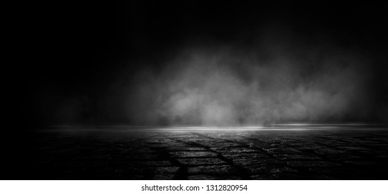 Wet asphalt, reflection of neon lights, a searchlight, smoke. Abstract light in a dark empty street with smoke, smog. Dark background scene of empty street, night view, night city. - Shutterstock ID 1312820954