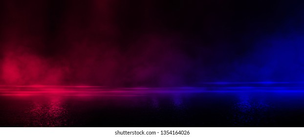 Wet Asphalt, Reflection Of Neon Lights, A Searchlight, Smoke.  Smoke, Smog. Dark Background Scene Of Empty Street, Night View, Night City. Neon Red And Blue Light.