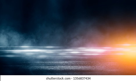 Wet asphalt, reflection of neon lights, a searchlight, smoke. Abstract light in a dark empty street with smoke, smog. Dark background scene of empty street, night view - Shutterstock ID 1356837434