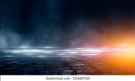 Wet Asphalt, Reflection Of Neon Lights, A Searchlight, Smoke. Abstract Light In A Dark Empty Street With Smoke, Smog. Dark Background Scene Of Empty Street, Night View