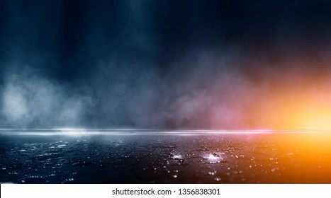 Wet Asphalt, Reflection Of Neon Lights, A Searchlight, Smoke. Abstract Light In A Dark Empty Street With Smoke, Smog. Dark Background Scene Of Empty Street, Night View,