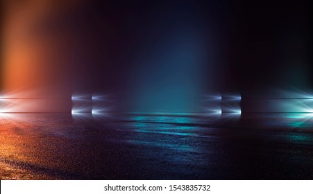 Wet Asphalt, Reflection Of Neon Lights, A Searchlight, Smoke. Abstract Light In A Dark Empty Street With Smoke, Smog. Dark Background Scene Of Empty Street, Night View, Night City.