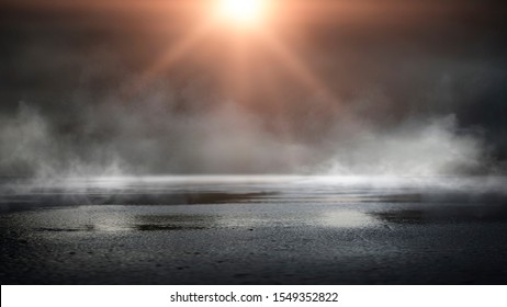 Wet Asphalt, Reflection Of Neon Lights, A Searchlight, Smoke. Abstract Light In A Dark Empty Street With Smoke, Smog. Dark Background Scene Of Empty Street, Night View, Night City.