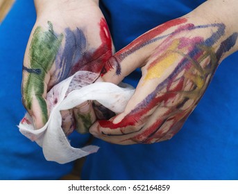 Wet Baby Wipes. 5 Year Old Boy Wipes The Paint Off His Hands.