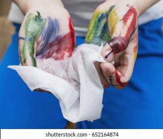 Wet Baby Wipes. 5 Year Old Boy Wipes The Paint Off His Hands.