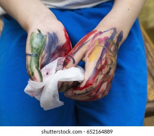 Wet Baby Wipes. 5 Year Old Boy Wipes The Paint Off His Hands.