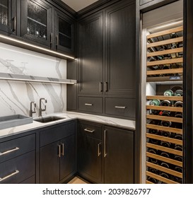 Wet Bar With Large Wine Fridge Sink Cabinets And Granite Countertop