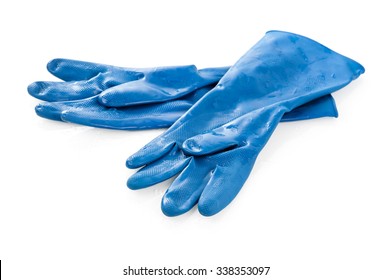 Wet Blue Rubber Glove Isolated On White Background