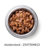 Wet cat food in a bowl close-up on a white background. Top view