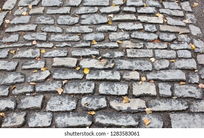 Wet Cobble Stones After The Rain With Yellow Leaves. Closeup Shot