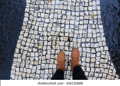 Wet Cobblestone Street , Less Light At Macau 