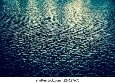 Wet Cobblestone Street At Night