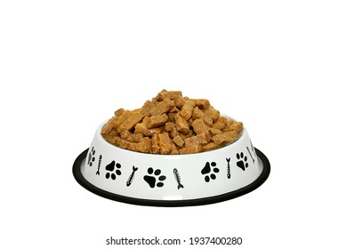 Wet Dog Food In White Metal Bowl Isolated On White Background