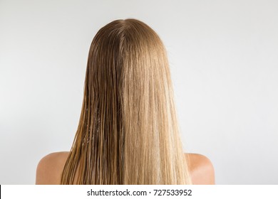 Wet And Dry Woman's Blonde Hair Before And After Using Hair Dryer On The Gray Background. Cares About A Healthy And Clean Hair. Beauty Salon Concept. 