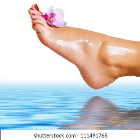 wet foot with flower of orchid