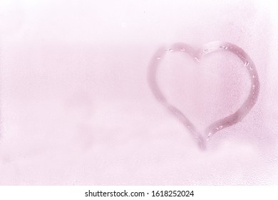 Wet Glass Texture. Heart Drawn By A Finger On A Stele. Light Romantic Background