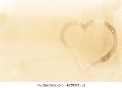 Wet Glass Texture. Heart Drawn By A Finger On A Stele. Light Romantic Background