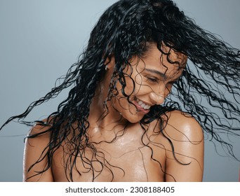 Wet hair, happiness and woman beauty after shower dancing from haircare and wellness. Young female model, smile and dance with happy face and dermatology from grooming care and shampoo treatment