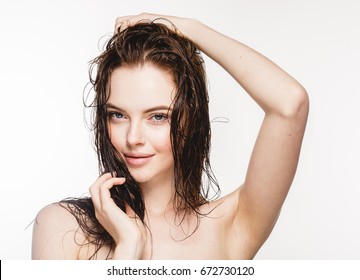 Wet Hair Woman Portrait, Beauty Hair Healthy Skin Care Concept, Beautiful Model With Wet Hair Isolated On White.