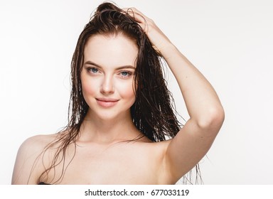 Wet Hair Woman Portrait, Beauty Hair Healthy Skin Care Concept, Beautiful Model With Wet Hair Isolated On White.