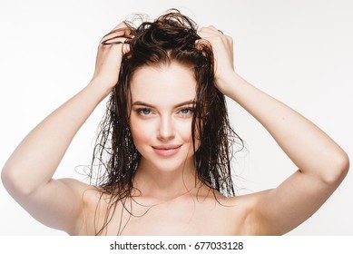 Wet Hair Woman Portrait, Beauty Hair Healthy Skin Care Concept, Beautiful Model With Wet Hair Isolated On White.