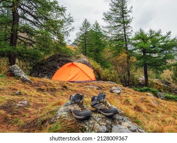 Wet Hiking Boots To Dry. Atmospheric Mountain Landscape With Tent Under Tree On Hill In Autumn Colors In Dense Fog.