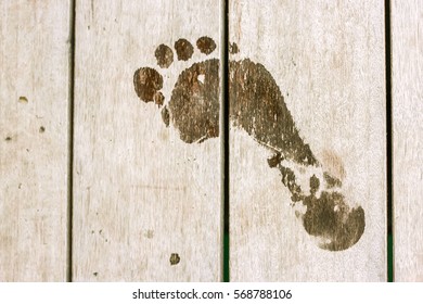 Wet Human Footprints On Dark Wooden Plank Floor. Walk From Beach To Hotel Or Home. Abstract Backgrounds And Wallpapers. Holidays And Vacations In Summer.