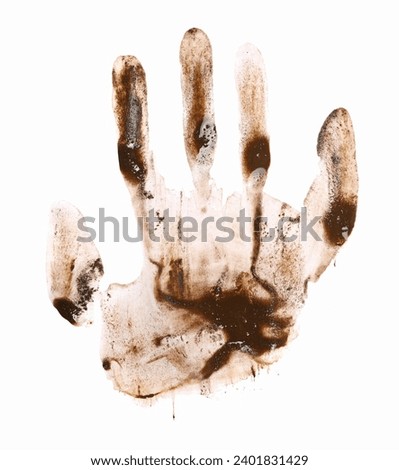 Wet mud in shape palm print, stains texture isolated on white background, top view and clipping path