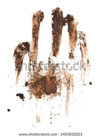 Wet mud in shape palm print, stains texture isolated on white background, top view and clipping path