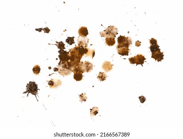 Wet mud, stains and drops texture isolated on white, top view and clipping path 