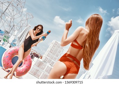 Wet N' Wild! Young Sexy Girls Having Fun At The Rooftop Pool Party