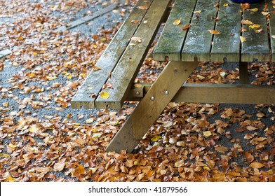 Wet Picnic Table With Leaves - Winter Season For English Pub Garden