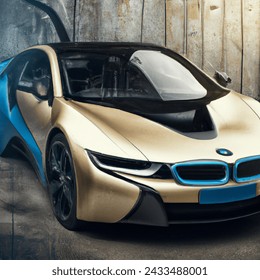 Wet plate photo of bmw i8 with navy metallic paint with white and yellow accents