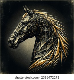 Wet plate photo of low poly black horse art from head to chest with gold foil geometric pattern