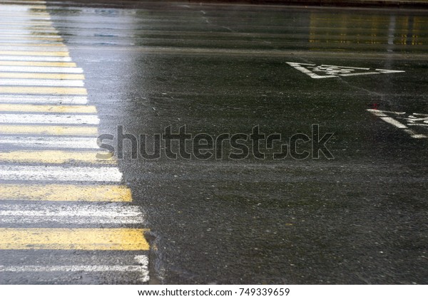 Wet from the rain road with a pedestrian\
crossing. Summer and autumn\
background