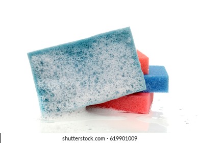 Wet Sponge With Soap White Background