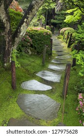 Wet Stone Pathway In Japanese Zen Garden  By Summer