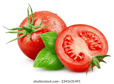 Wet tomato with basil leaves on a white background. Tomato with clipping path. - Powered by Shutterstock