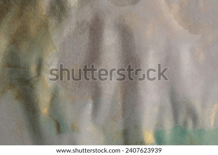 Wet watercolor paper grain texture light and shadow painting wall. Abstract gold nacre and beige marble copy space background.