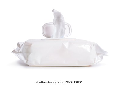 A wet wipe, also known as a wet towel or a moist towelette. Isolated on white background.
