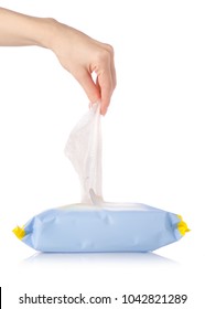 Wet wipes in hands pack on white background isolation