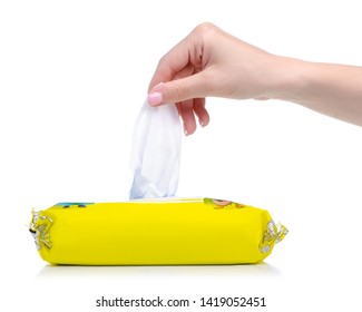 Wet Wipes In Hands Pack On White Background Isolation