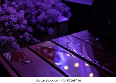 Wet Wooden Table Of The Street Restaurant Or Cafe On The Rainy Day In The Evening. Neon Lighting Around. 