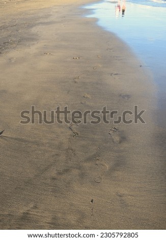 Wet yellow sand with textured footprints on it with distant blurry silhouettes of walking people reflecting in blue ocean water on beach in Lanzarote, Canary islands. Image of holidays on sea shore