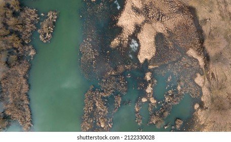 Wetland With Reed Growing Around Water Drone Aerial View Freshwater Ecosystem With Dry Vegetation Aerial Perspective