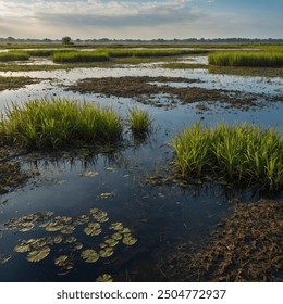 Wetlands are areas where water covers the soil or is present near the surface for at least part of the year. They include marshes, swamps, bogs, and floodplains. Wetlands are crucial for biodiversity, - Powered by Shutterstock