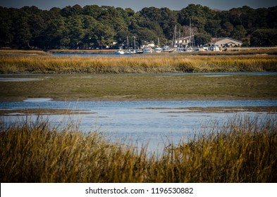 Wetlands and marsh area in Beaufort South Carolina, at low tide on a sunny day. Coastal carolinas low country area
